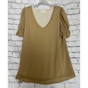 Reb. in J  Lined Oversize Tan Swiss Dot V-Neck Short Sleeve Blouse Top‎ Small